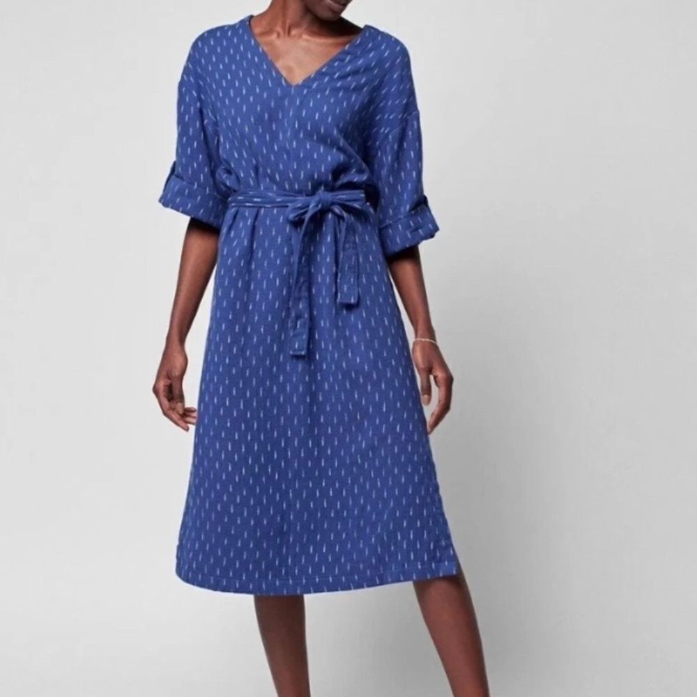 Faherty Blue Patterned Midi Dress with Tie Waist